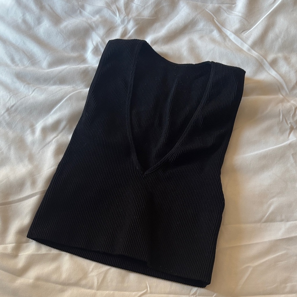 Black Ribbed V-Neck Top